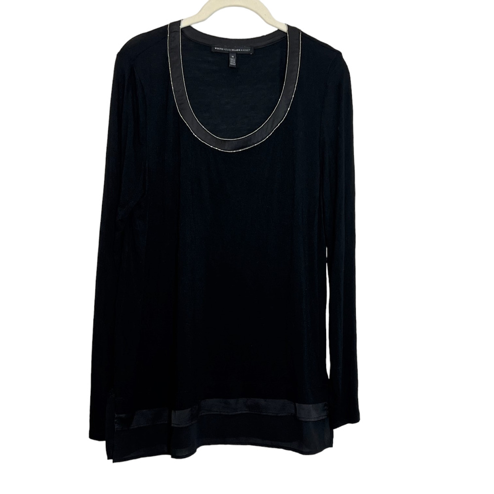 WHBM Womens Top Medium Black Slinky Knit Silver Beaded Scoop Neck Chiffon Hem